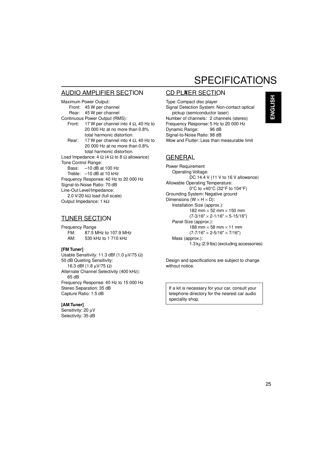 JVC KD-SX50M, KD-SX60WT manual Specifications, FM Tuner, AM Tuner 