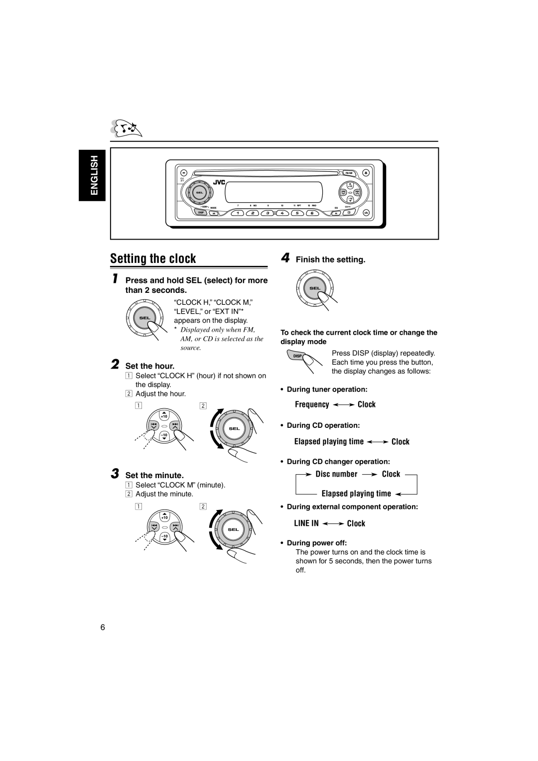 JVC KD-SX60WT, KD-SX50M manual Setting the clock 