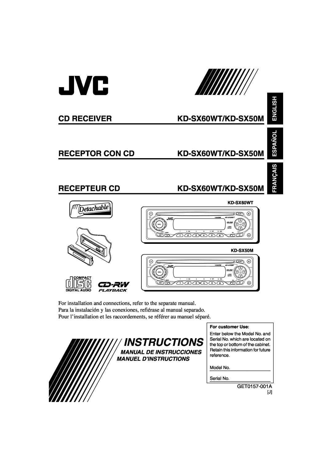 JVC manual Cd Receiver, Receptor Con Cd, Recepteur Cd, KD-SX60WT/KD-SX50M, Français Español English, Instructions 