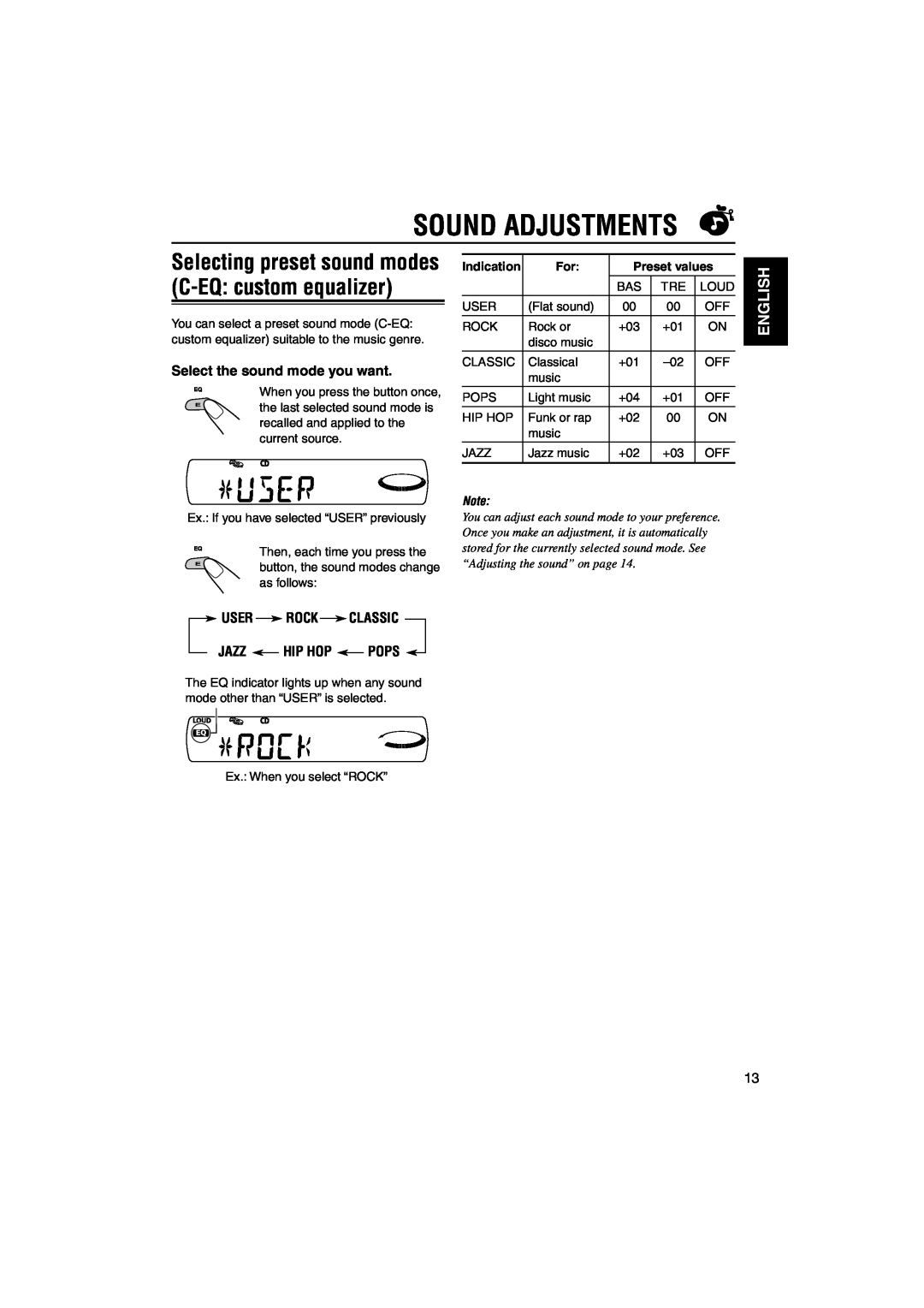 JVC KD-SX50M, KD-SX60WT Sound Adjustments, English, Select the sound mode you want, User Rock Classic Jazz Hip Hop Pops 
