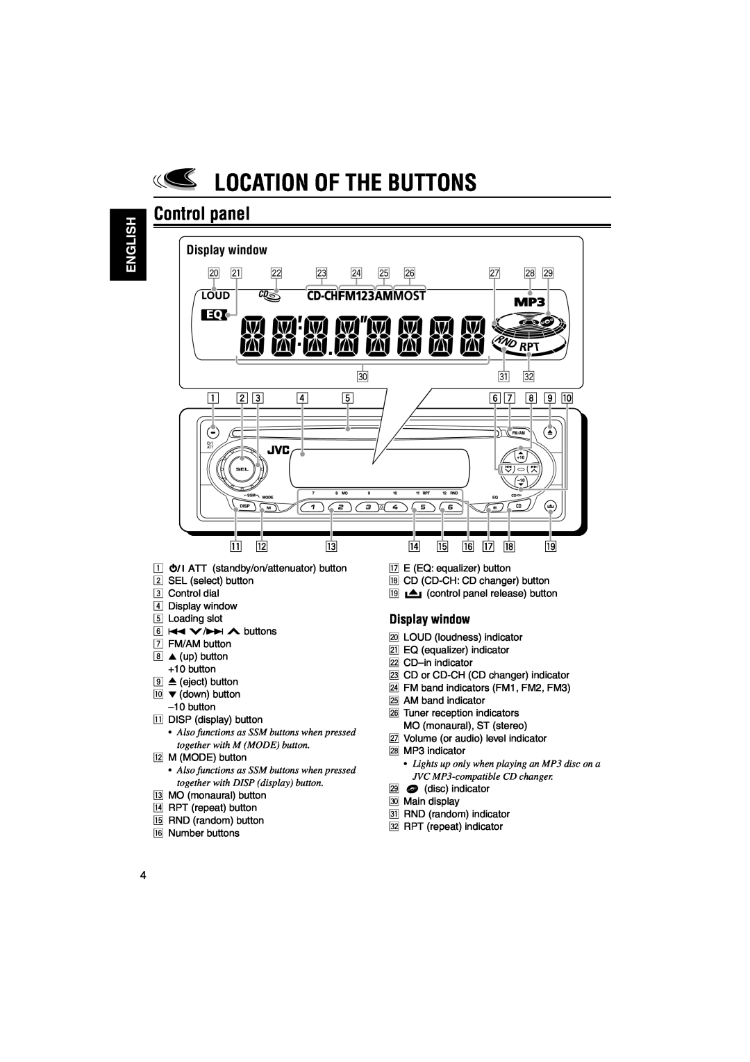 JVC KD-SX60WT, KD-SX50M manual Location Of The Buttons, Control panel, Display window, English 