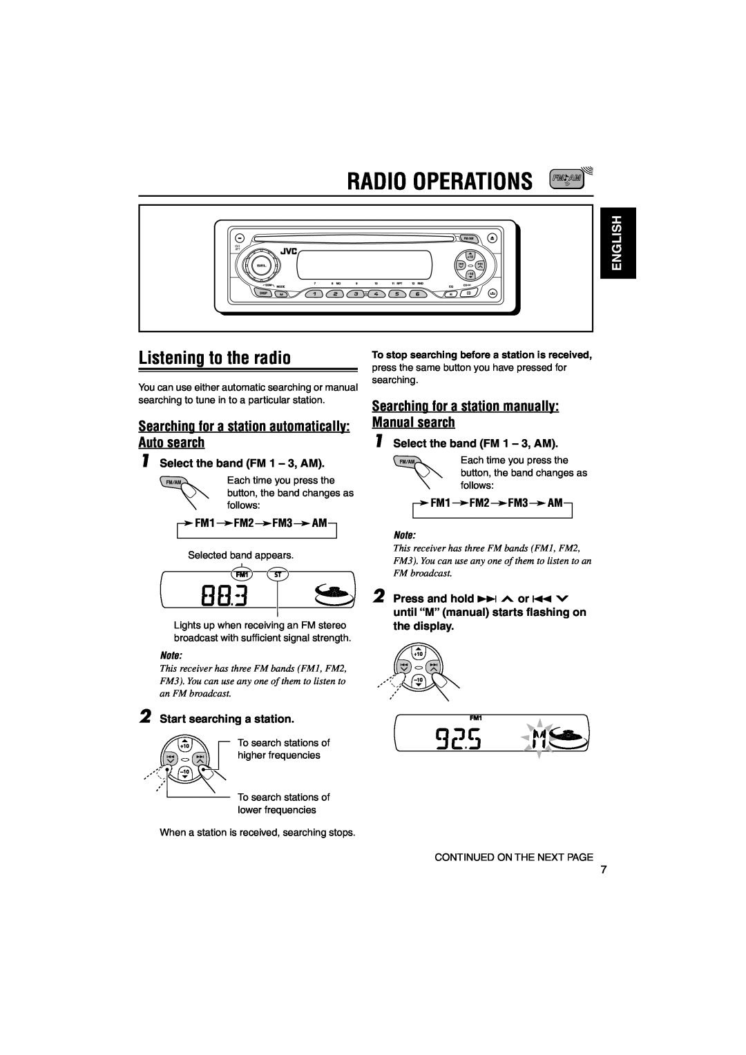 JVC KD-SX50M, KD-SX60WT Radio Operations, Listening to the radio, Searching for a station manually Manual search, English 