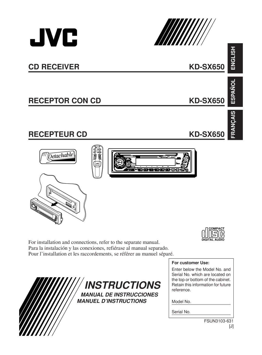 JVC KD-SX650 manual Instructions, CD Receiver Receptor CON CD Recepteur CD 