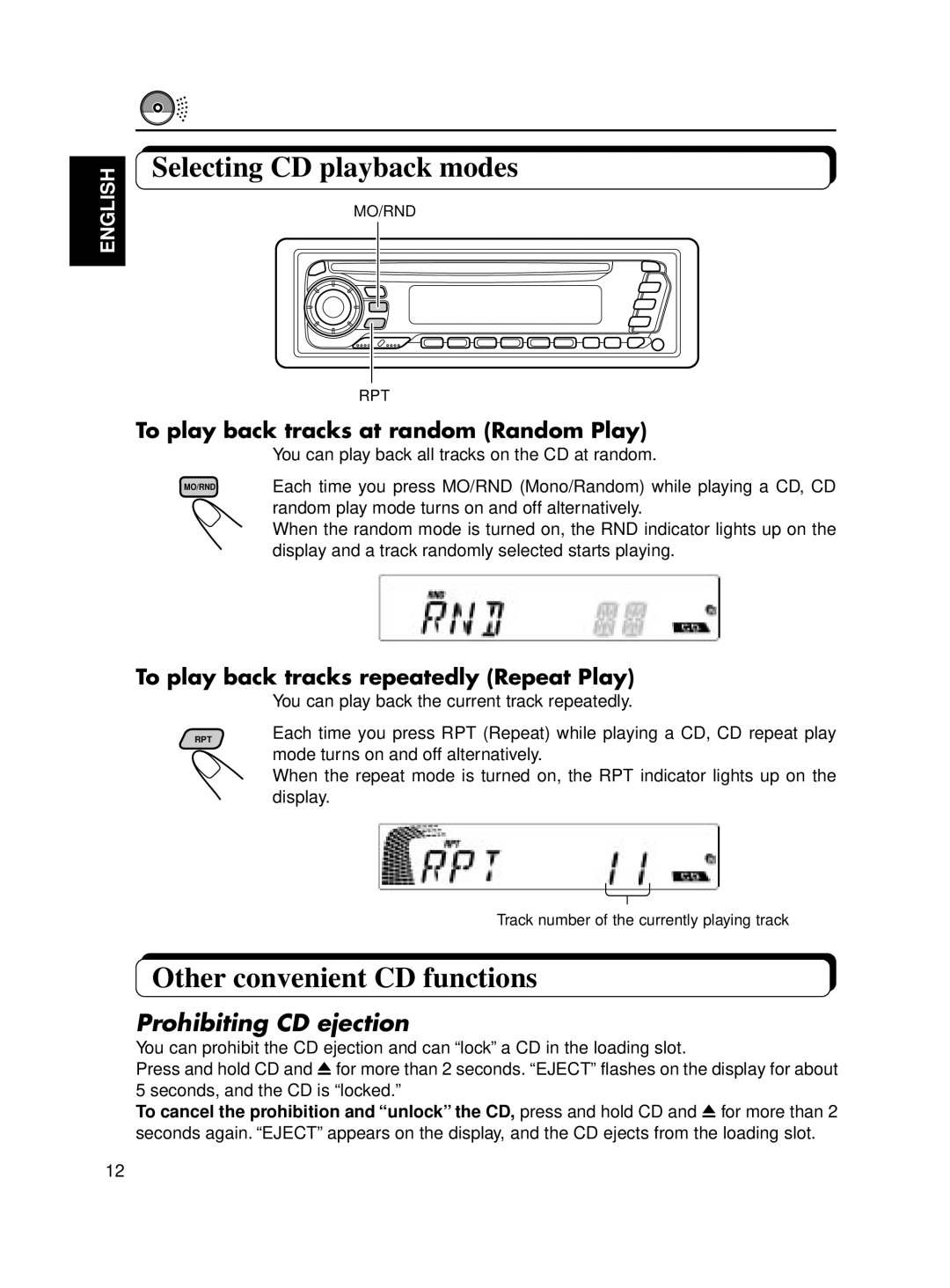 JVC KD-SX650 manual Selecting CD playback modes, Other convenient CD functions, Prohibiting CD ejection 