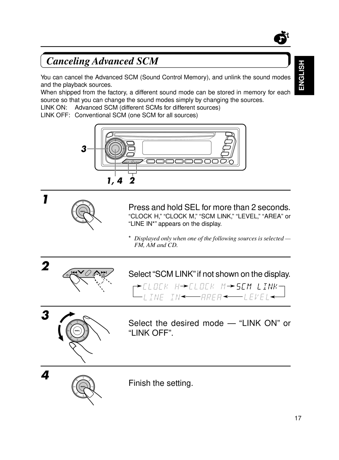 JVC KD-SX650 manual Canceling Advanced SCM, Press and hold SEL for more than 2 seconds 