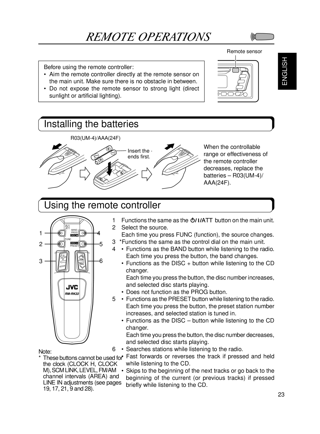 JVC KD-SX650 manual Remote Operations, Installing the batteries, Using the remote controller 