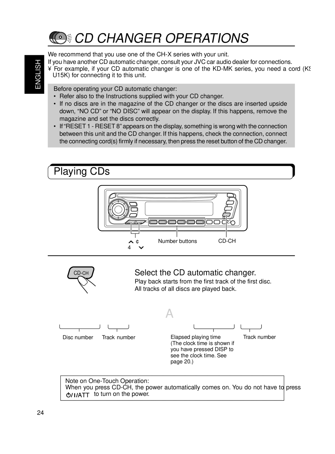 JVC KD-SX650 manual CD Changer Operations, Playing CDs, All tracks of all discs are played back 