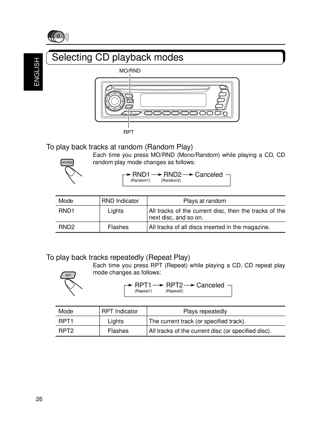 JVC KD-SX650 manual Canceled, Mode RND Indicator Plays at random, Mode RPT Indicator Plays repeatedly 