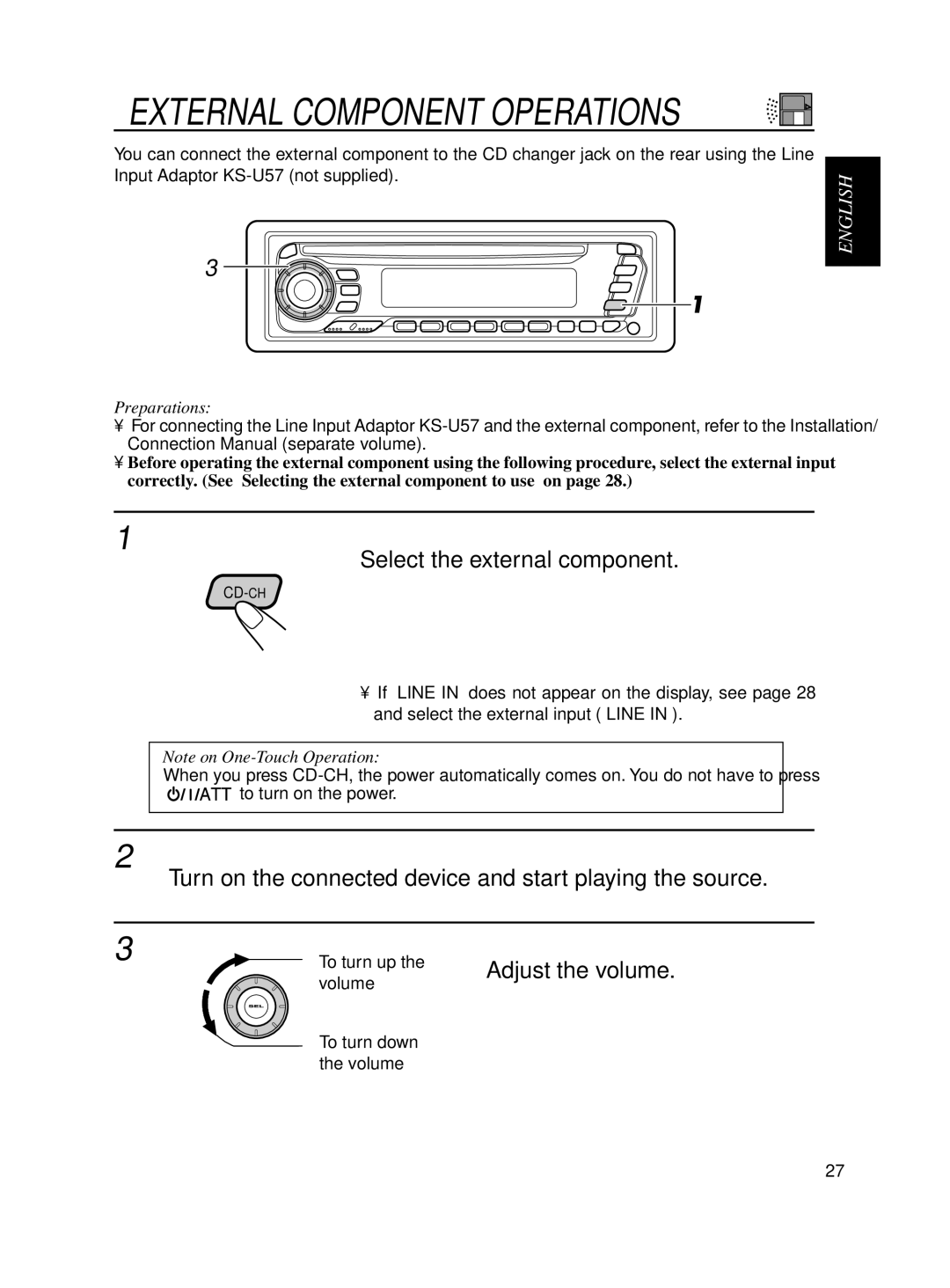 JVC KD-SX650 manual Select the external component, Turn on the connected device and start playing the source, Preparations 