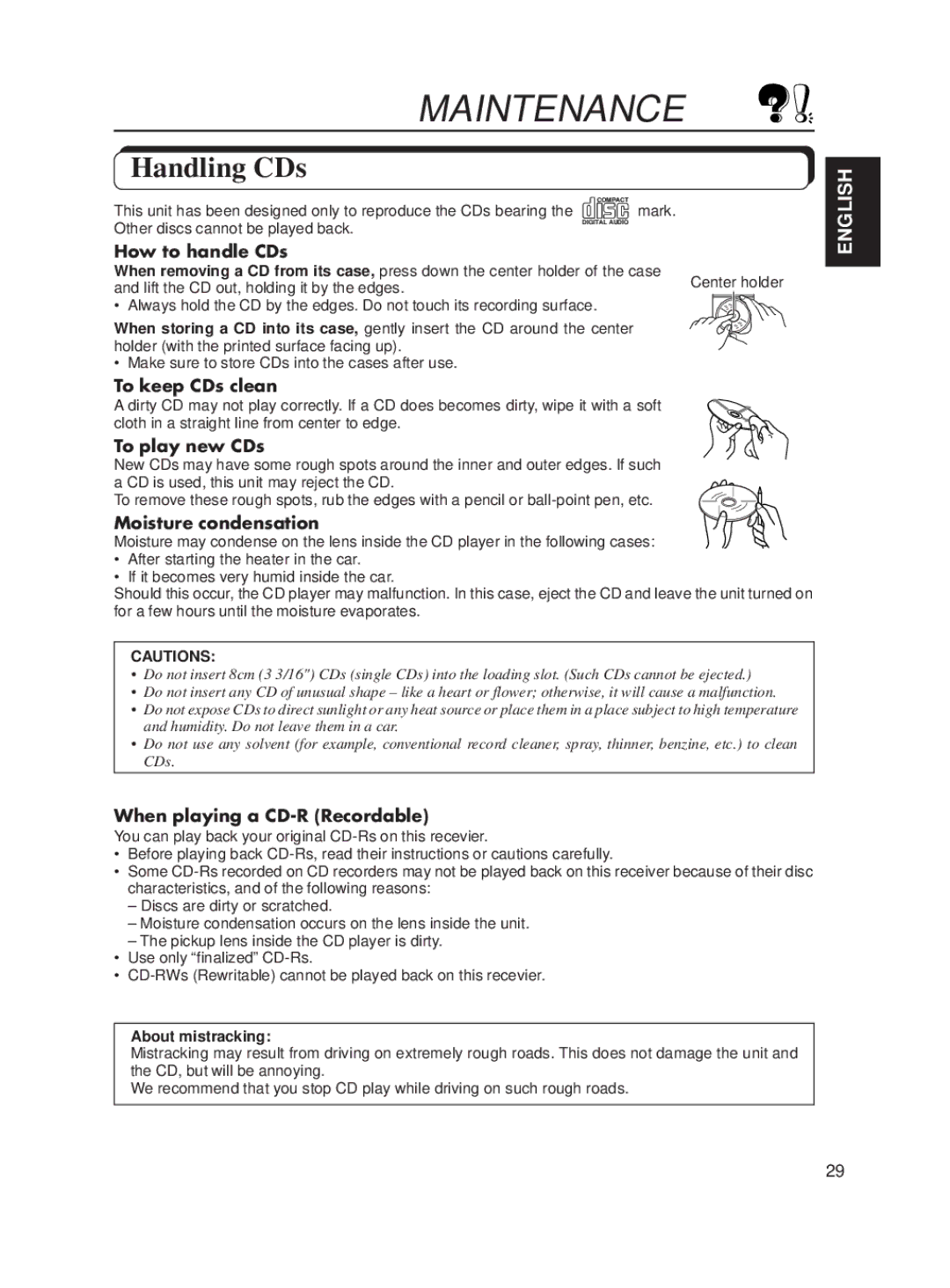 JVC KD-SX650 manual Maintenance, Handling CDs 