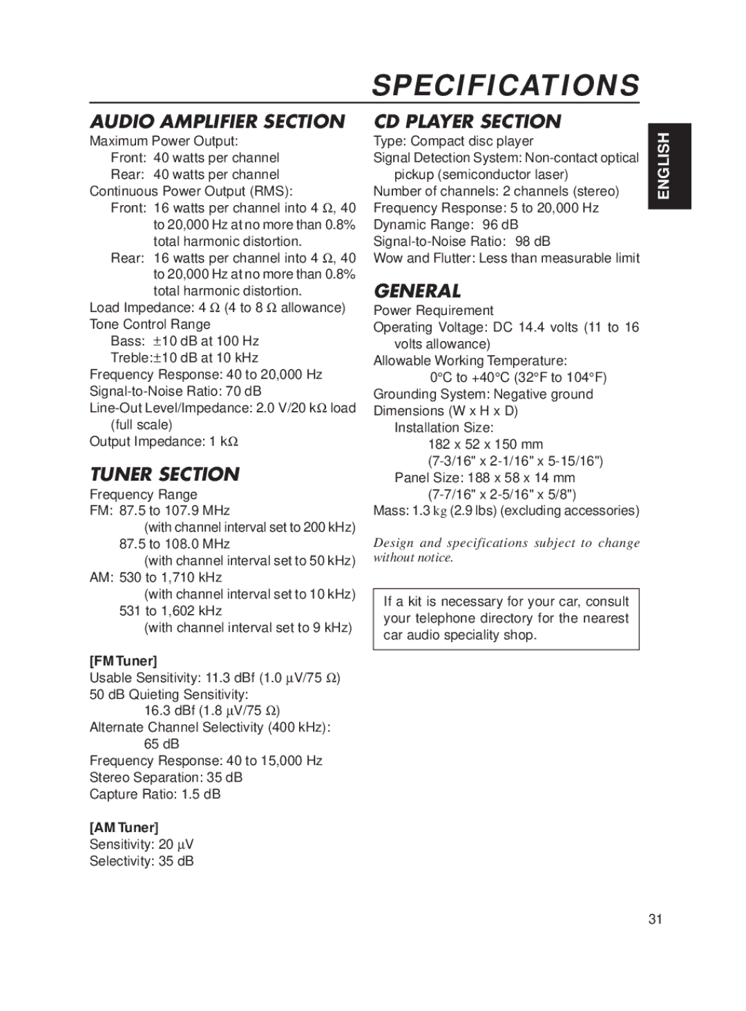 JVC KD-SX650 manual Specifications, FM Tuner, AM Tuner 