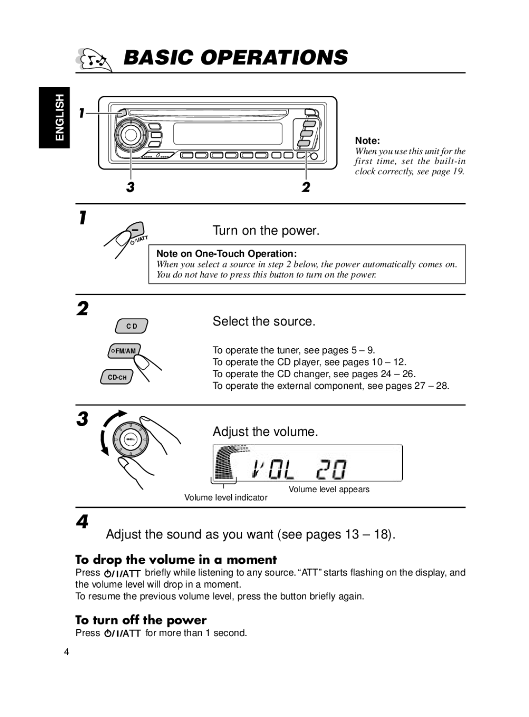 JVC KD-SX650 manual Basic Operations, Turn on the power, Select the source, Adjust the volume 