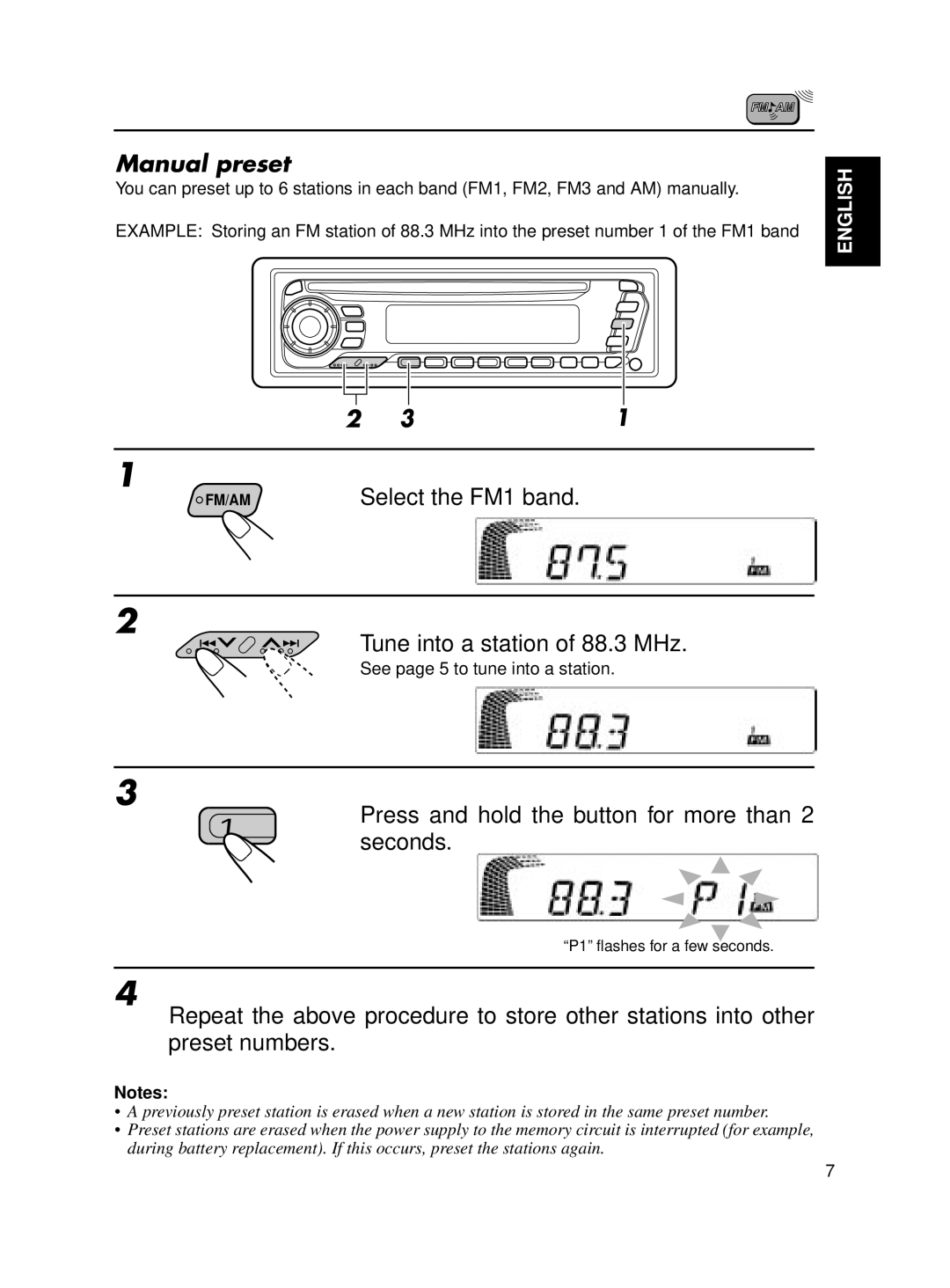 JVC KD-SX650 manual Manual preset, Tune into a station of 88.3 MHz, Press and hold the button for more than 2 seconds 