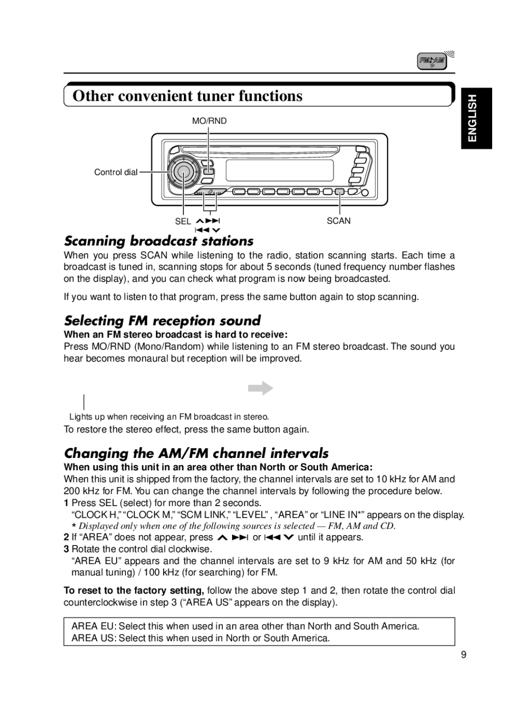 JVC KD-SX650 manual Other convenient tuner functions, Scanning broadcast stations, Selecting FM reception sound 