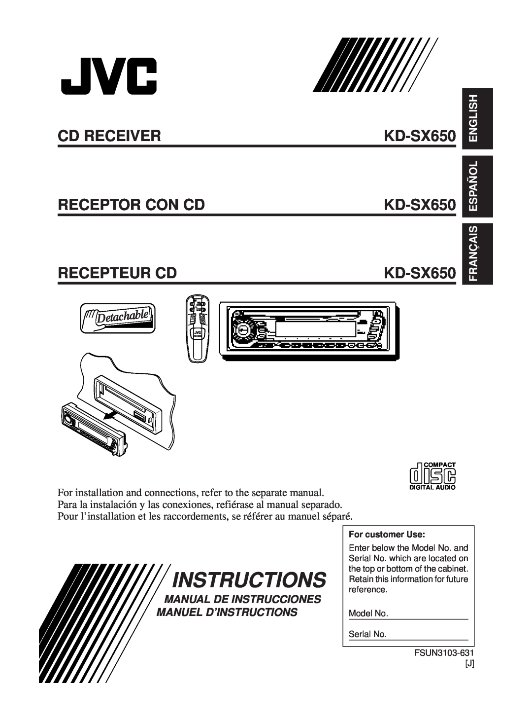 JVC KD-SX650 manual Instructions, English, Español, Français, Cd Receiver Receptor Con Cd Recepteur Cd 