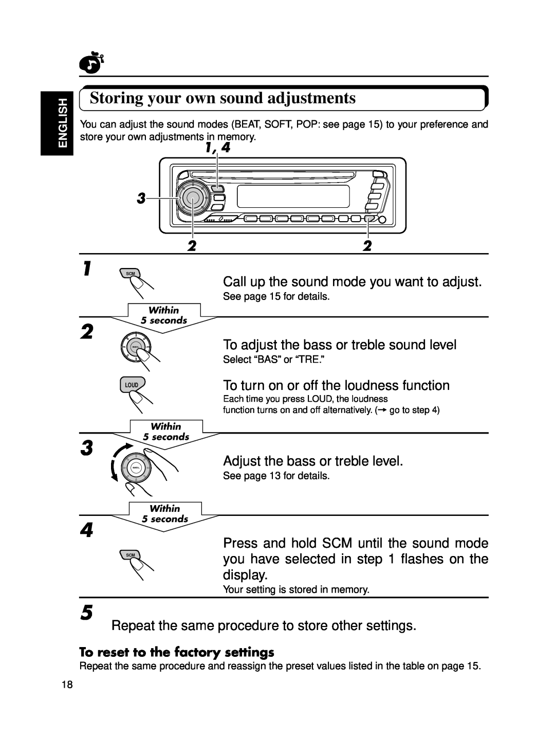 JVC KD-SX650 manual Storing your own sound adjustments, To turn on or off the loudness function 