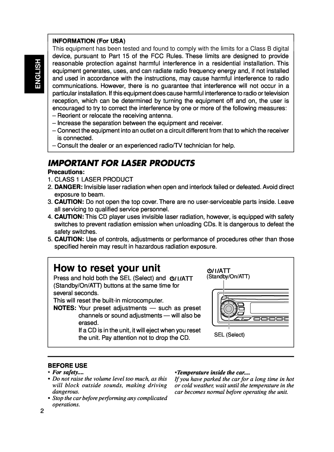 JVC KD-SX650 How to reset your unit, Important For Laser Products, English, INFORMATION For USA, Precautions, Before Use 