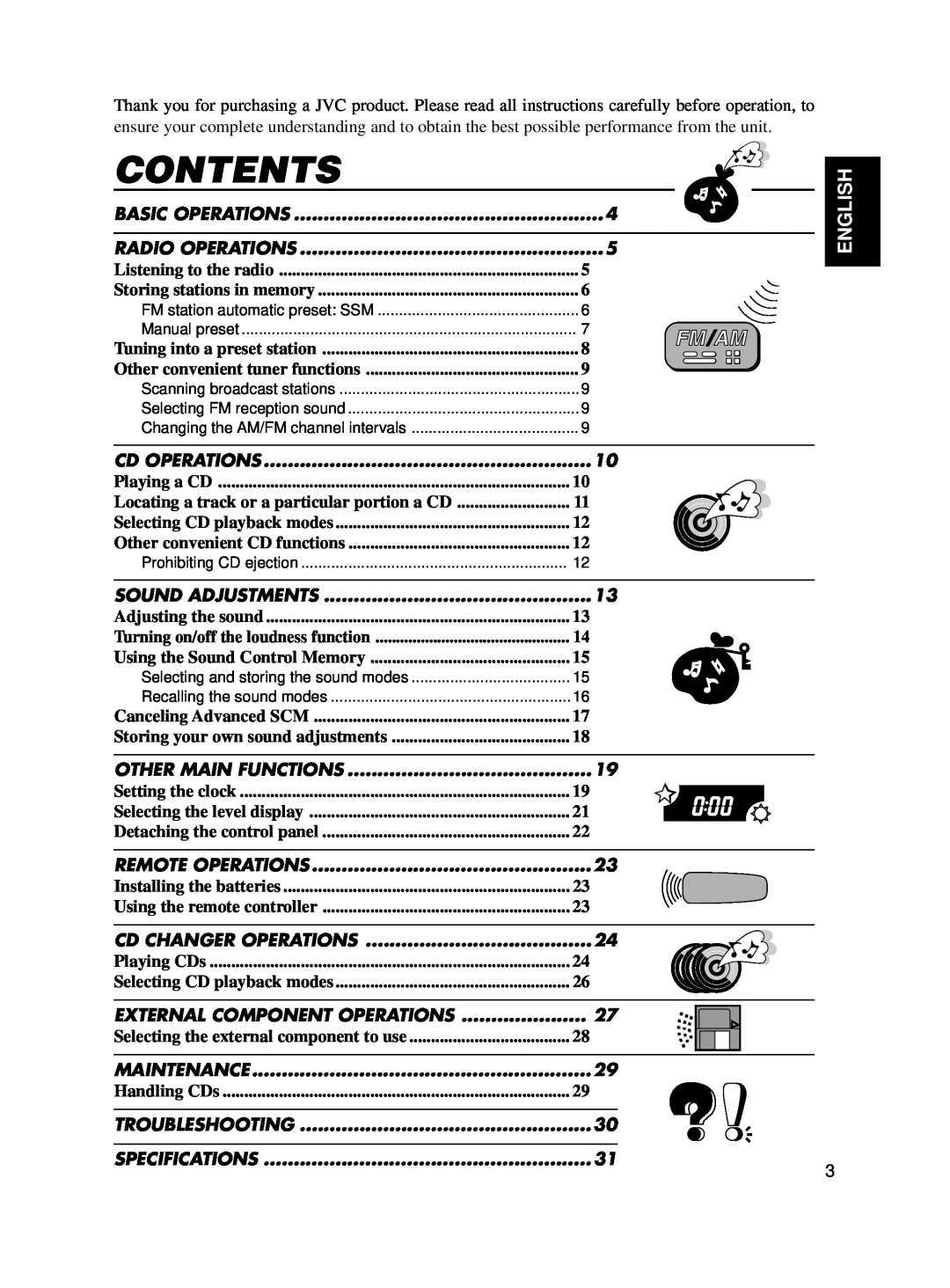 JVC KD-SX650 manual Contents, English, Playing a CD, Locating a track or a particular portion a CD 
