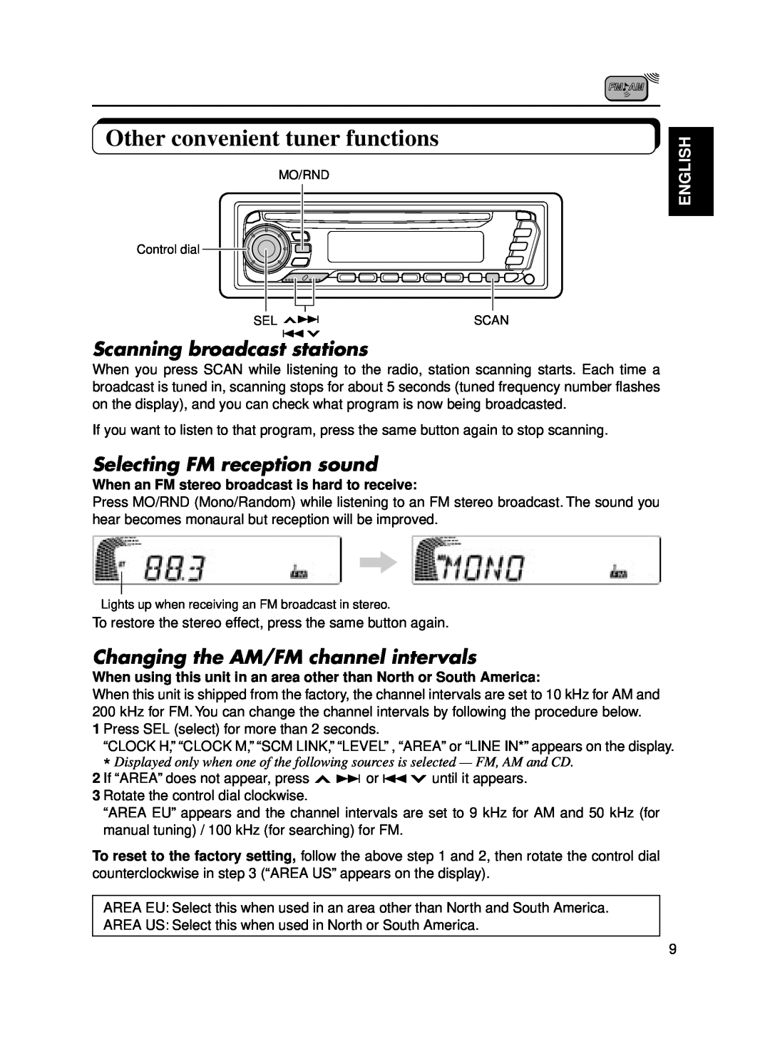 JVC KD-SX650 manual Other convenient tuner functions, Scanning broadcast stations, Selecting FM reception sound, English 
