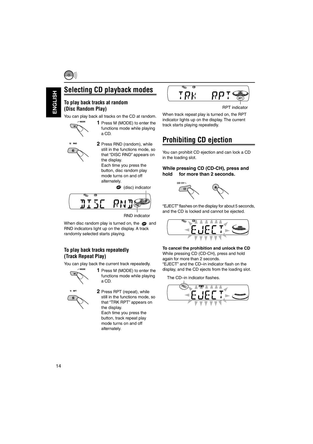 JVC KD-SX745, KD-SX695 manual Prohibiting CD ejection, To play back tracks at random Disc Random Play 