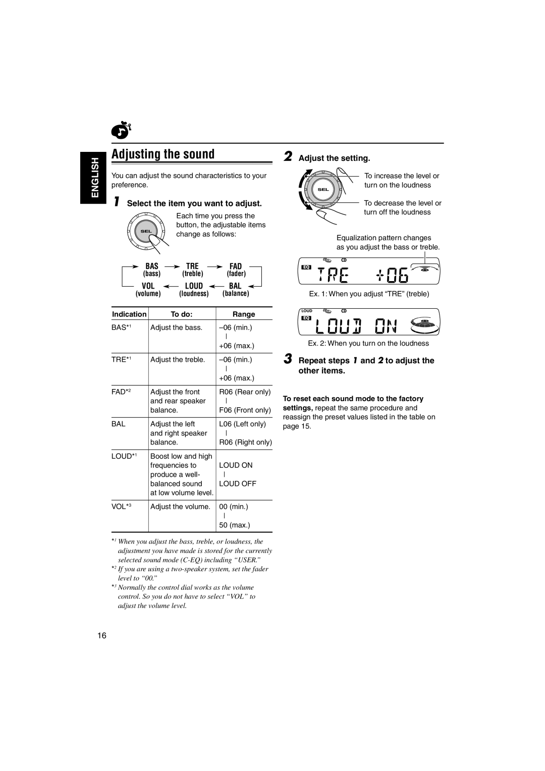 JVC KD-SX745, KD-SX695 manual Adjusting the sound, Bas Tre Fad, VOL Loud BAL 