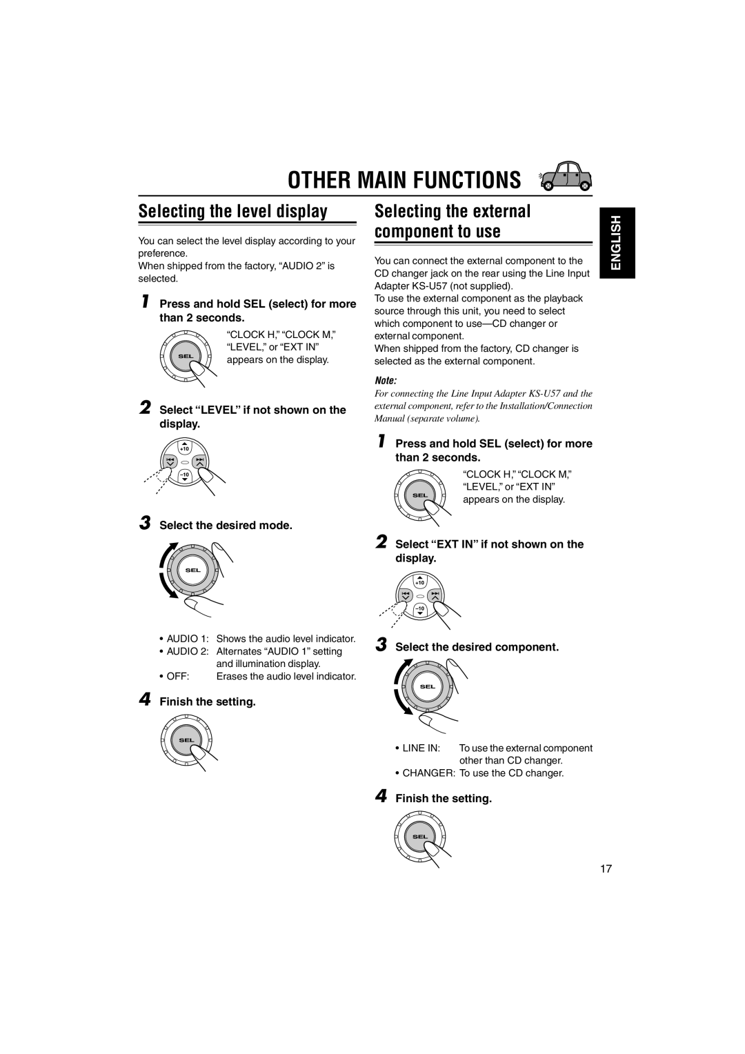 JVC KD-SX695, KD-SX745 manual Other Main Functions, Selecting the level display, Selecting the external, Component to use 