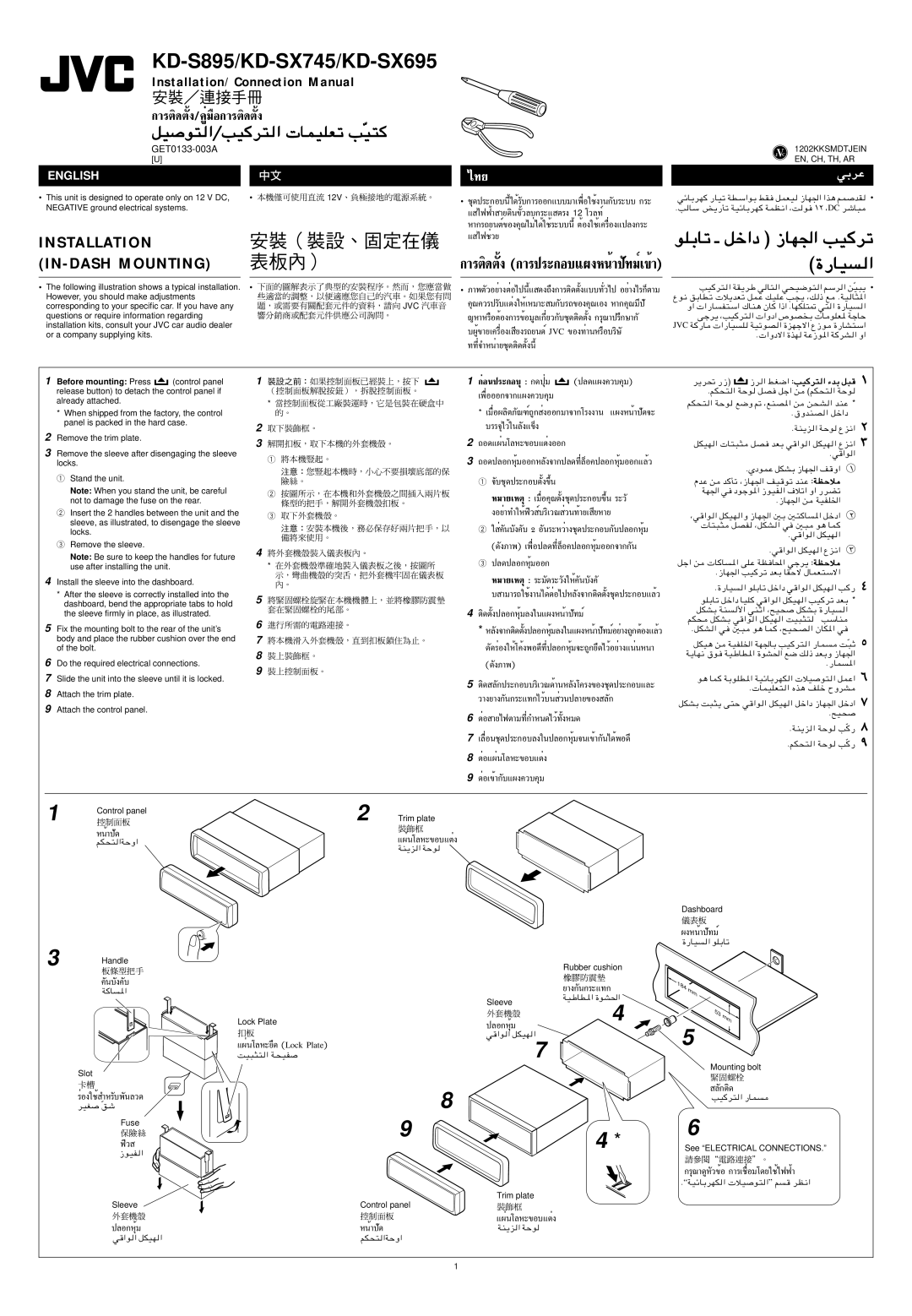 JVC KD-SX745 Control panel, Trim plate, Dashboard, Handle, Slot, Fuse, Sleeve, Lock Plate, Rubber cushion, Mounting bolt 