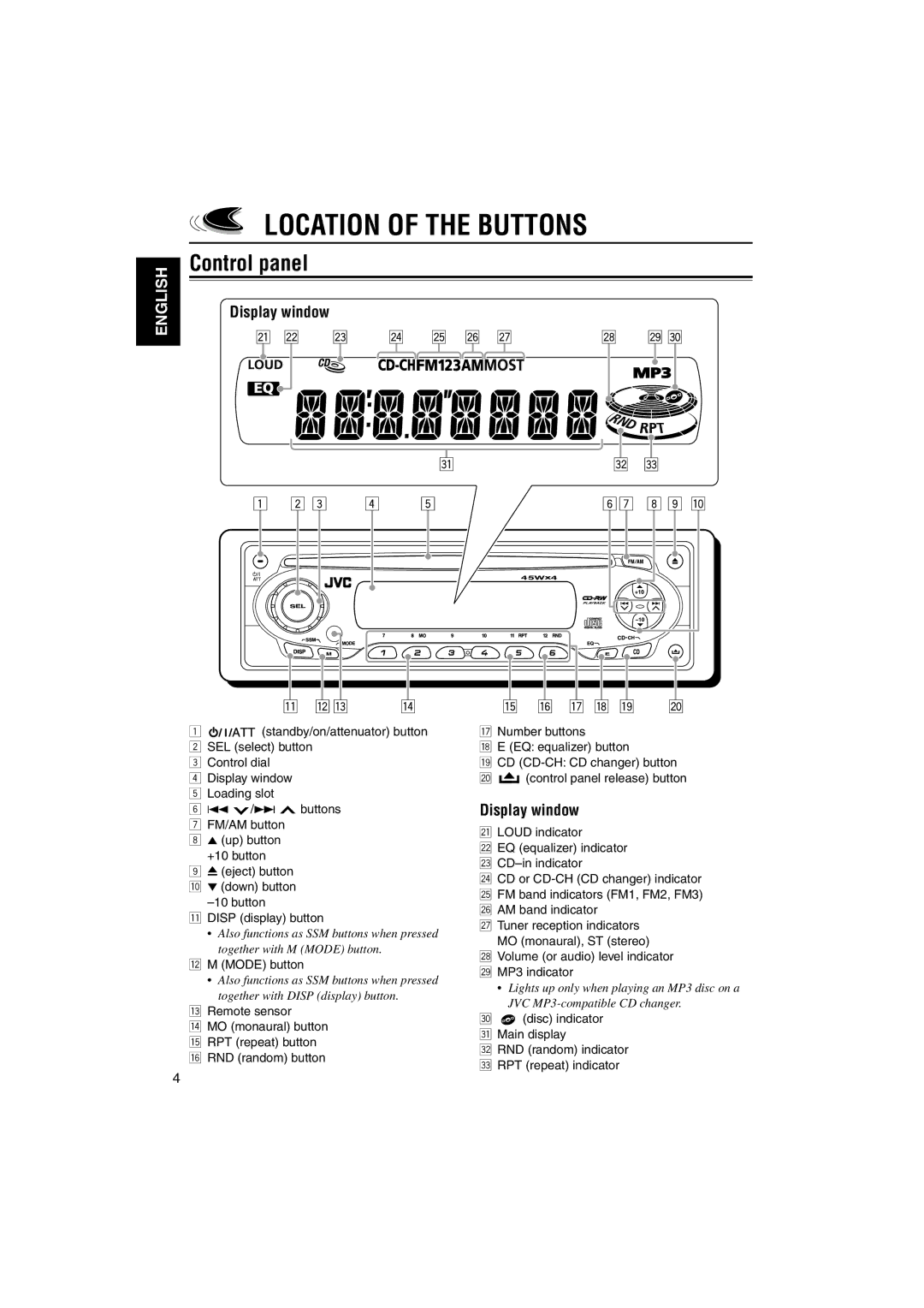 JVC KD-SX745, KD-SX695 manual Location of the Buttons, Control panel, Display window, Mode button 