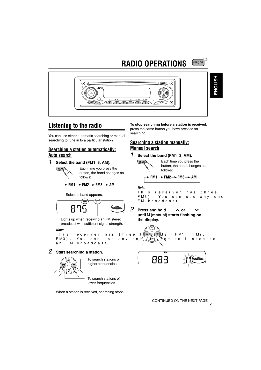 JVC KD-SX695, KD-SX745 manual Radio Operations, Listening to the radio, Searching a station automatically Auto search 