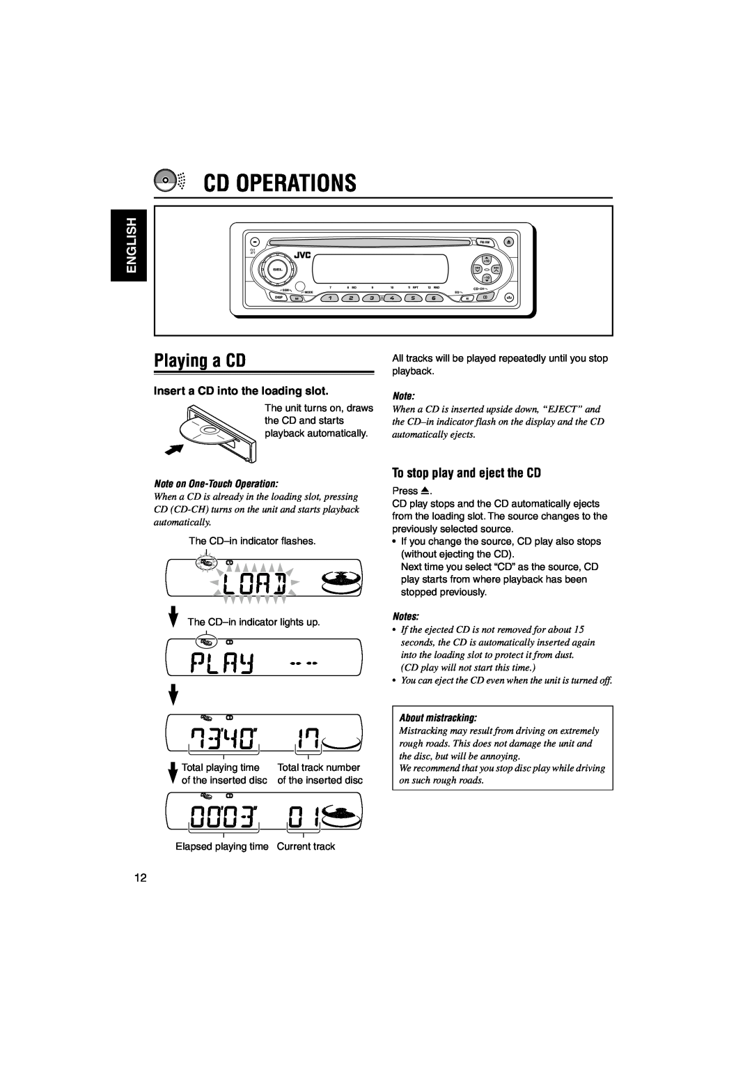 JVC KD-SX745 manual Cd Operations, Playing a CD, English, To stop play and eject the CD, Insert a CD into the loading slot 