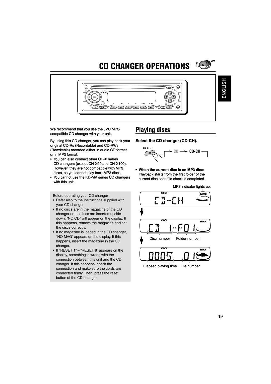 JVC KD-SX695, KD-SX745 manual Cd Changer Operations, Playing discs, English, Select the CD changer CD-CH CD CD-CH 