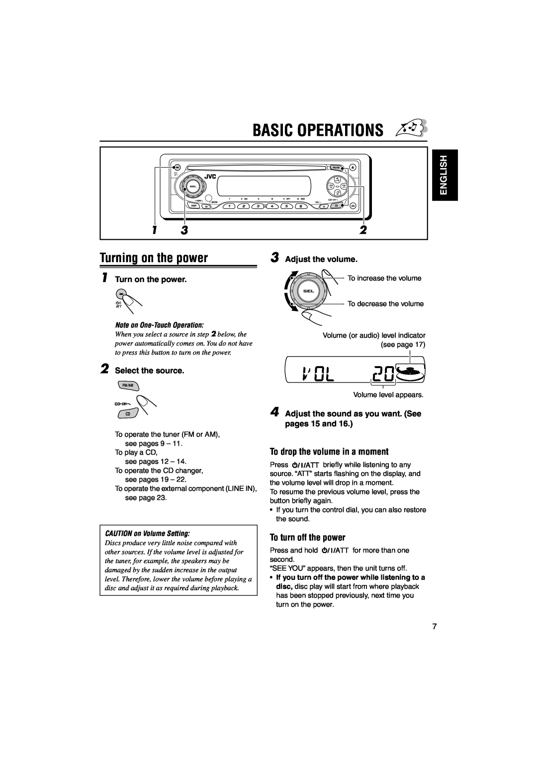 JVC KD-SX695 manual Basic Operations, Turning on the power, English, To drop the volume in a moment, To turn off the power 
