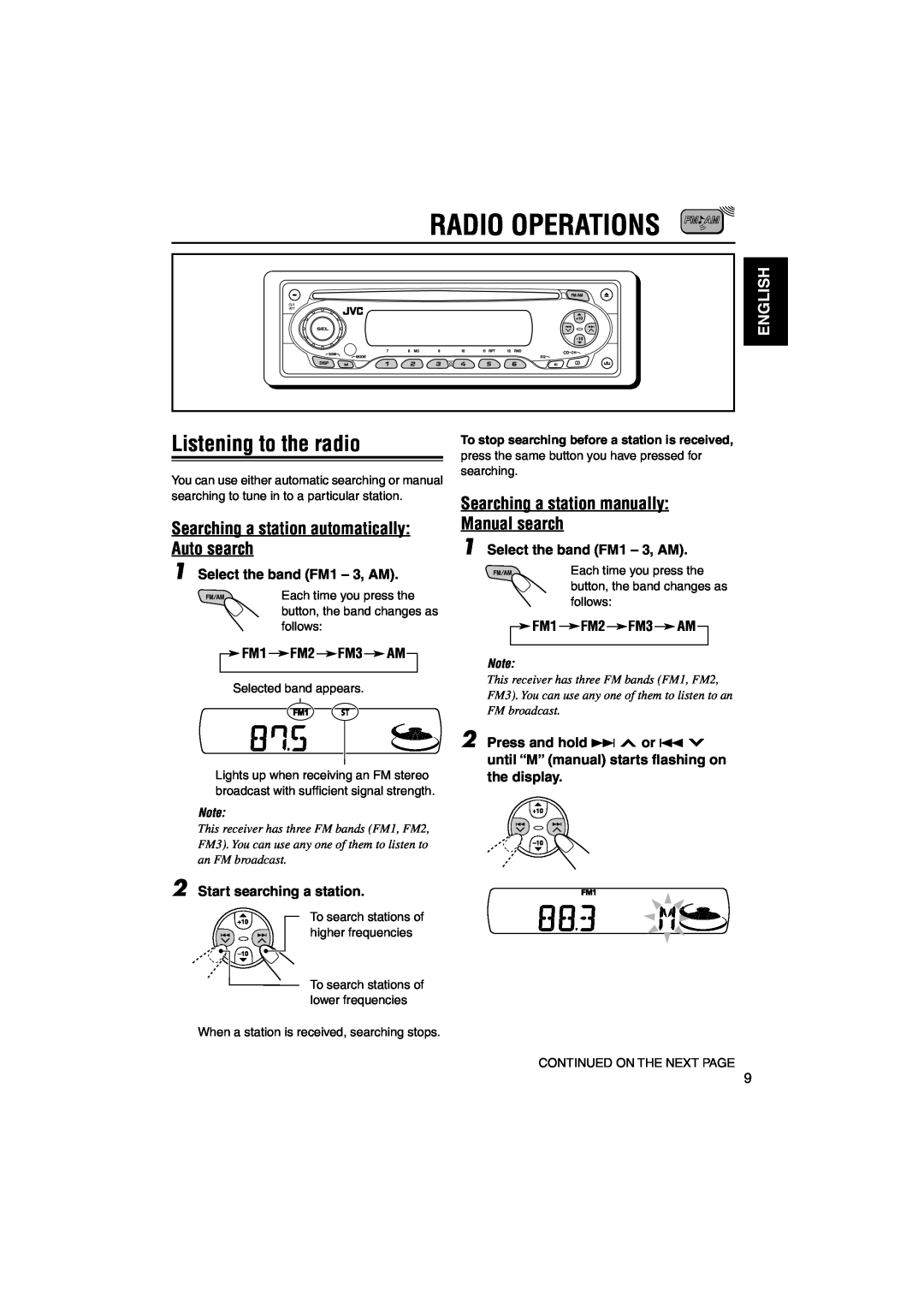 JVC KD-SX695, KD-SX745 Radio Operations, Listening to the radio, Searching a station automatically Auto search, English 
