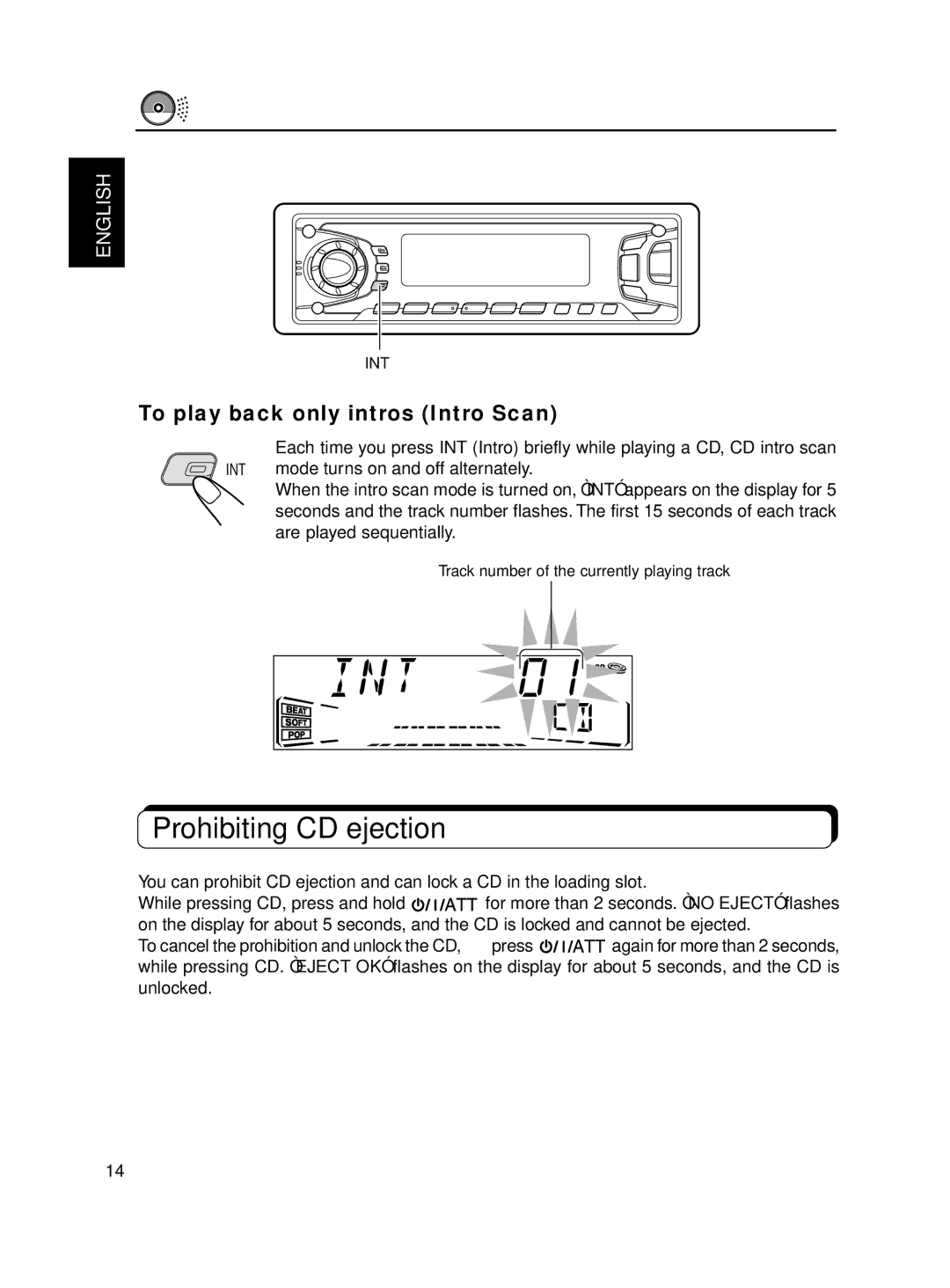 JVC KD-SX770, KD-SX870 manual Prohibiting CD ejection, To play back only intros Intro Scan 