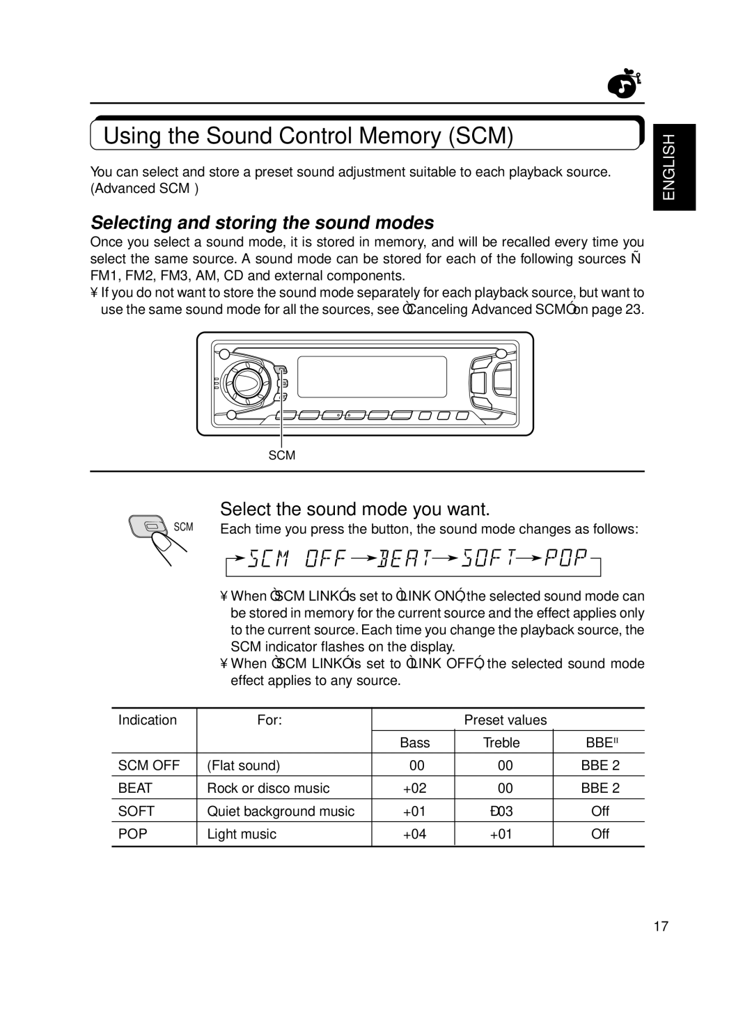 JVC KD-SX870 Using the Sound Control Memory SCM, Selecting and storing the sound modes, Select the sound mode you want 