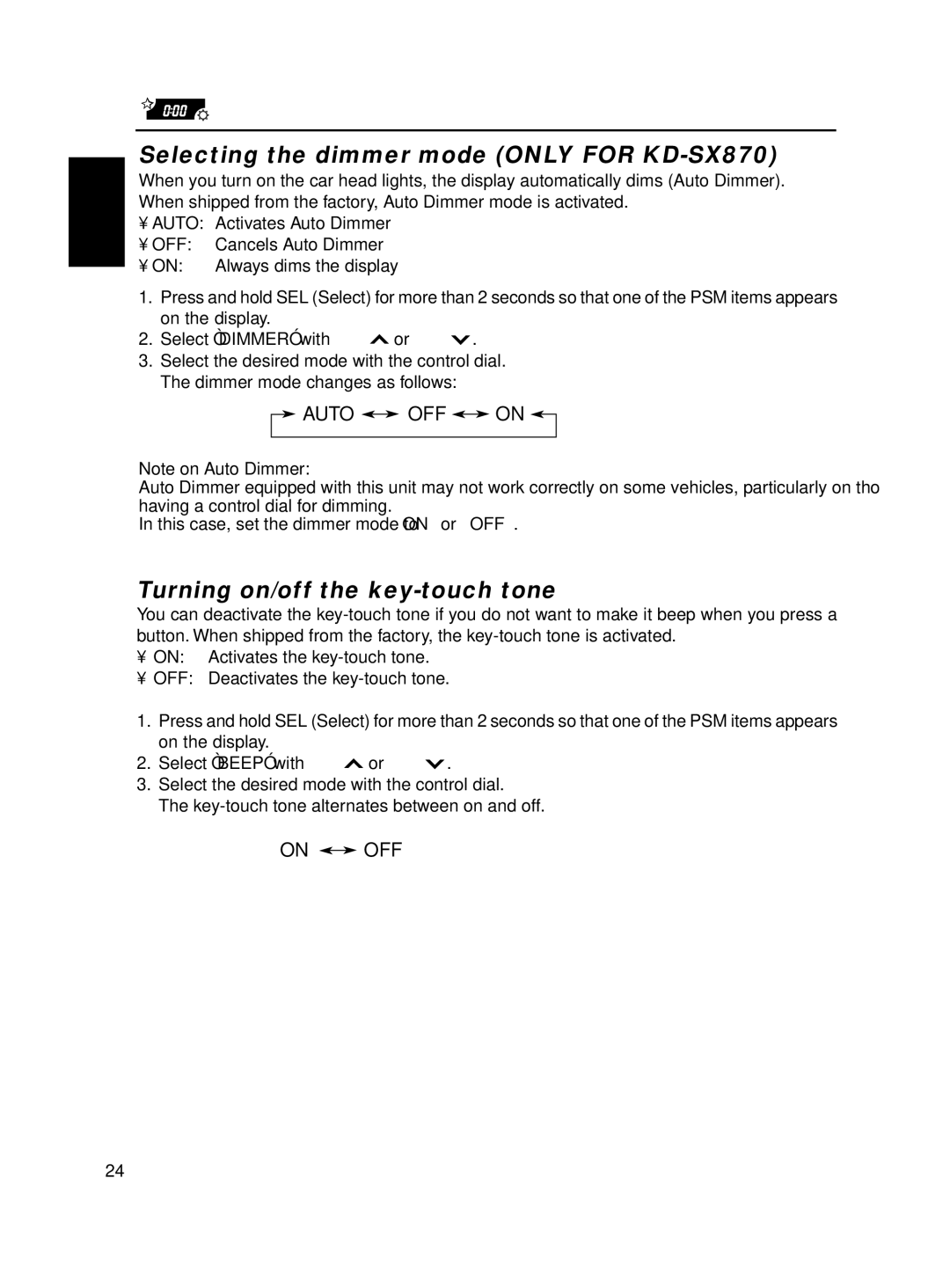 JVC KD-SX770 manual Selecting the dimmer mode only for KD-SX870, Turning on/off the key-touch tone 