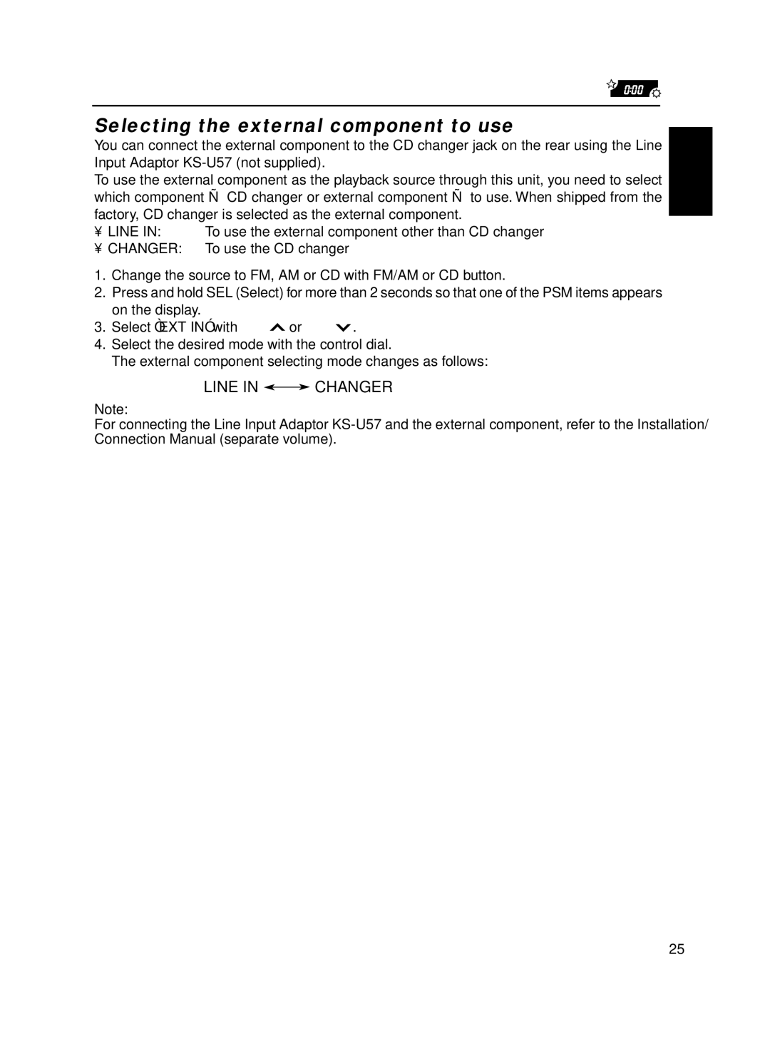 JVC KD-SX870, KD-SX770 manual Selecting the external component to use, Line in Changer 