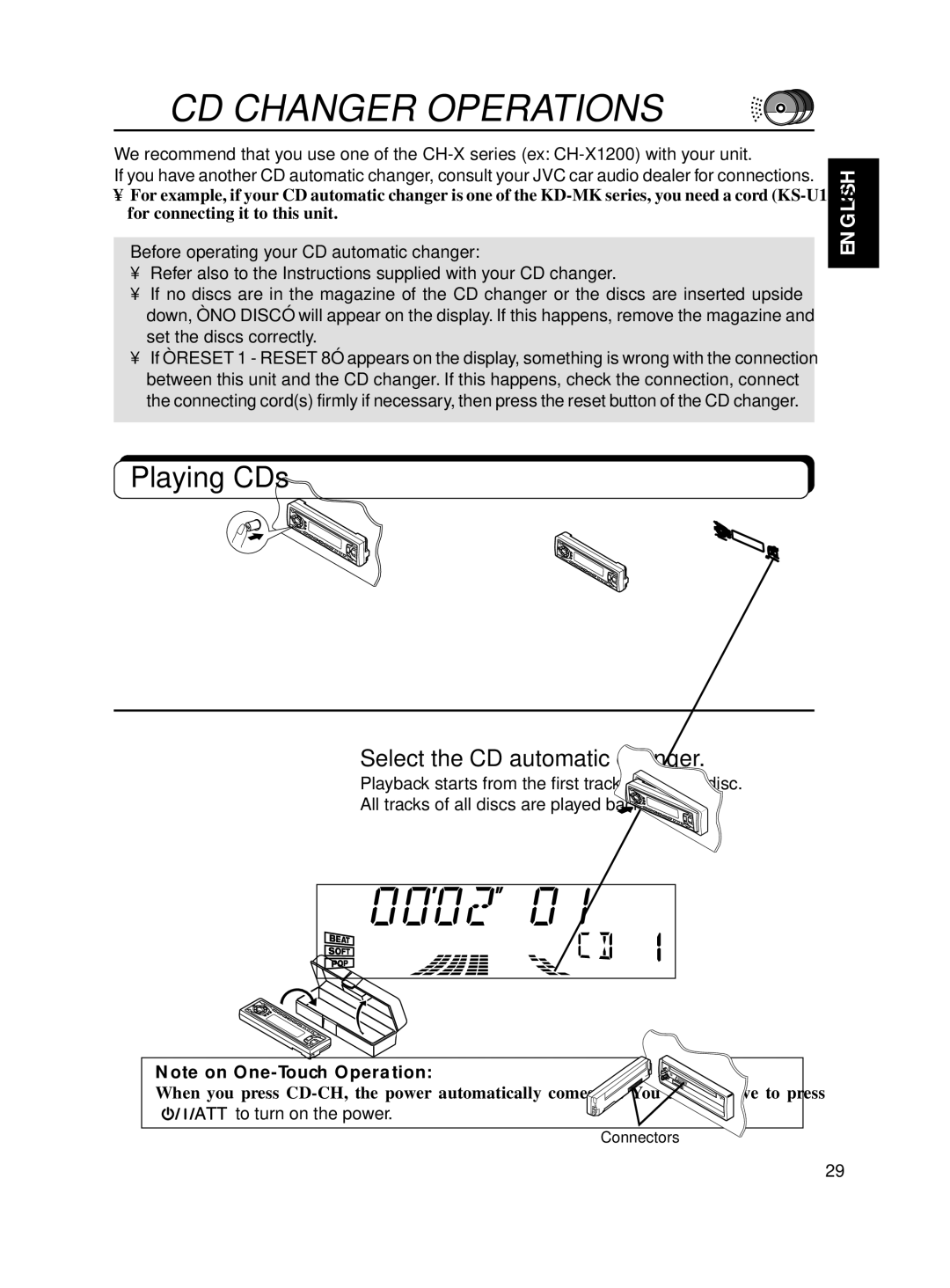 JVC KD-SX870, KD-SX770 manual CD Changer Operations, Playing CDs, Select the CD automatic changer 