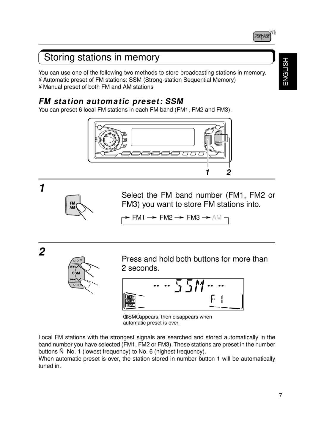 JVC KD-SX870, KD-SX770 manual Storing stations in memory, FM station automatic preset SSM 