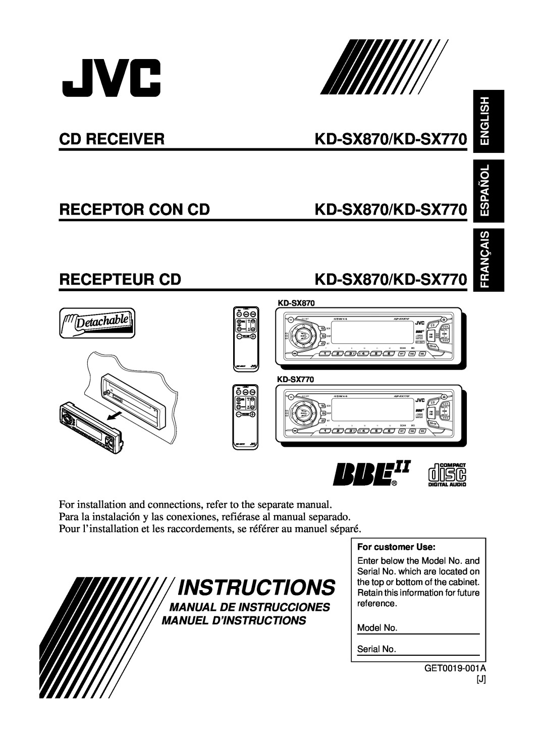 JVC manual Instructions, English, Español, Français, Cd Receiver Receptor Con Cd Recepteur Cd, KD-SX870/KD-SX770 