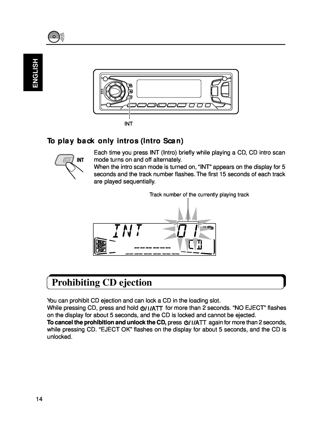JVC KD-SX770, KD-SX870 manual Prohibiting CD ejection, To play back only intros Intro Scan, English 