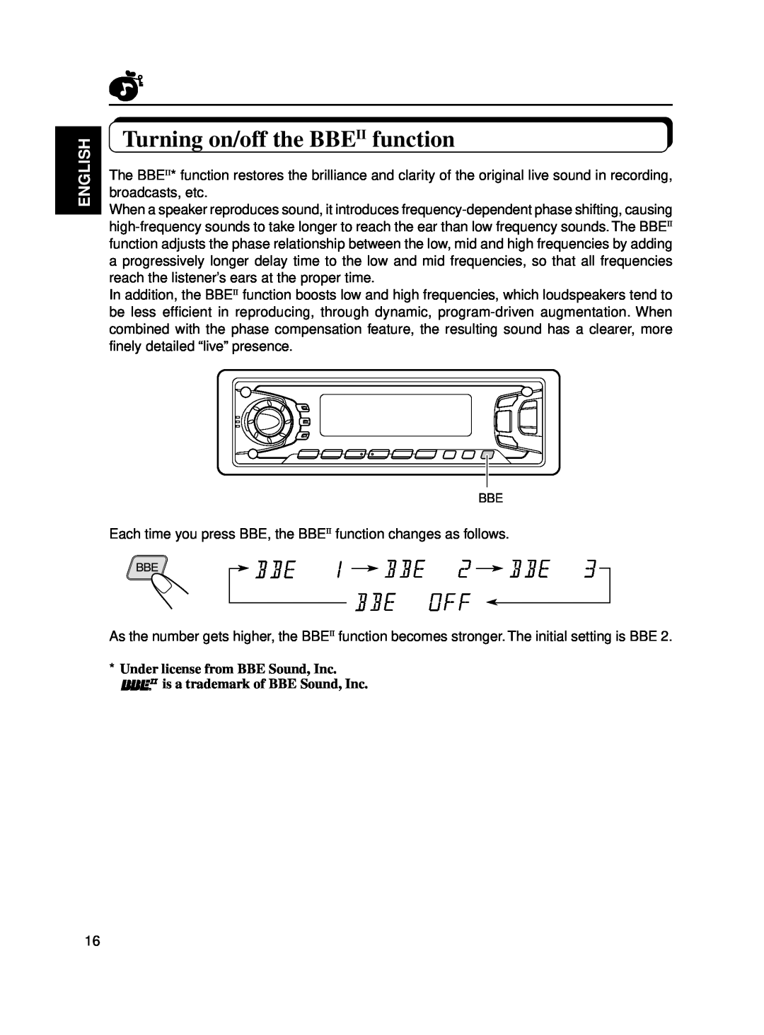 JVC KD-SX770, KD-SX870 manual Turning on/off the BBEII function, English, Under license from BBE Sound, Inc 
