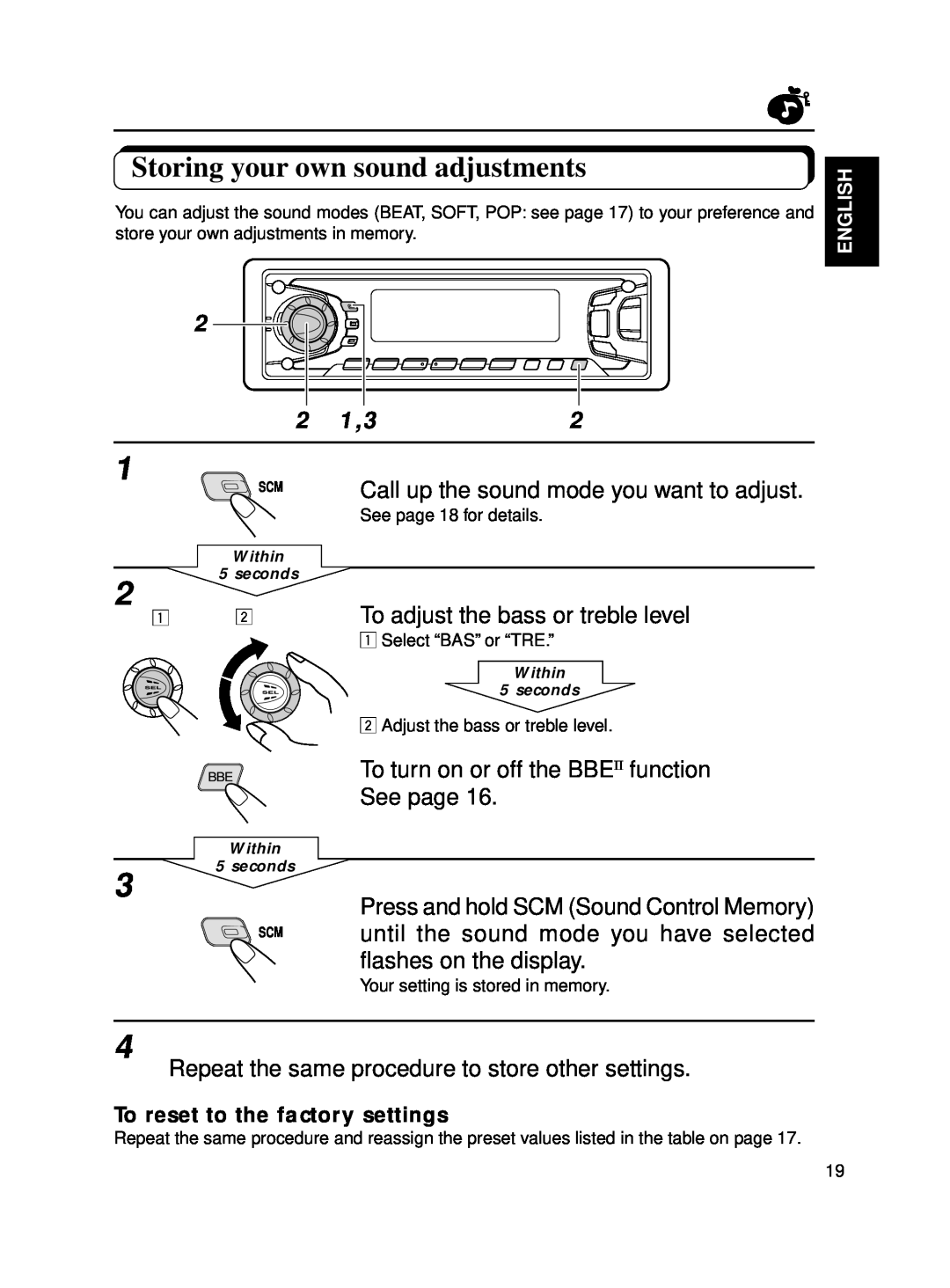 JVC KD-SX870 manual Storing your own sound adjustments, 2 2 1,32, To turn on or off the BBEII function See page, English 