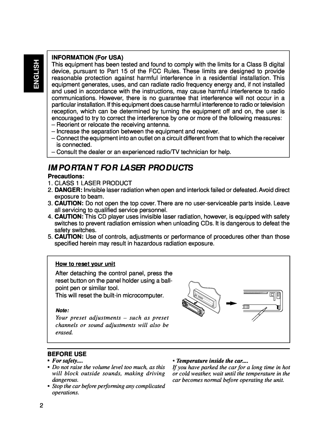 JVC KD-SX770 Important For Laser Products, How to reset your unit, English, INFORMATION For USA, Precautions, Before Use 