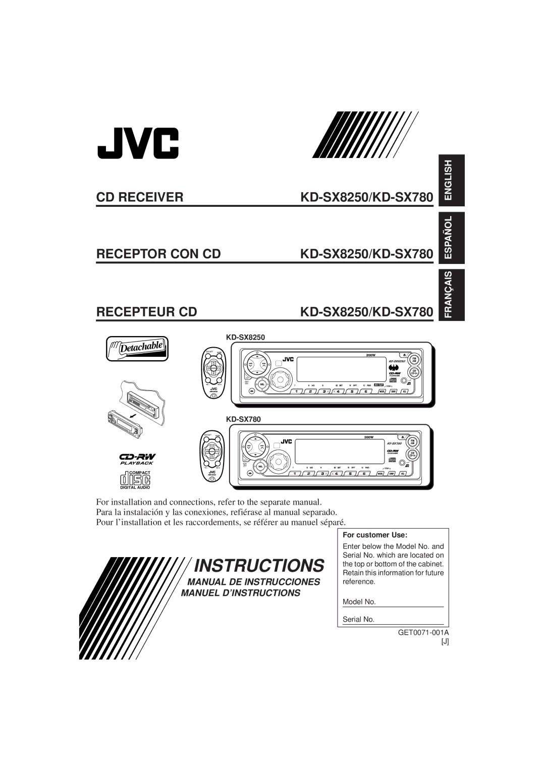 JVC manual KD-SX8250/KD-SX780, For customer Use 