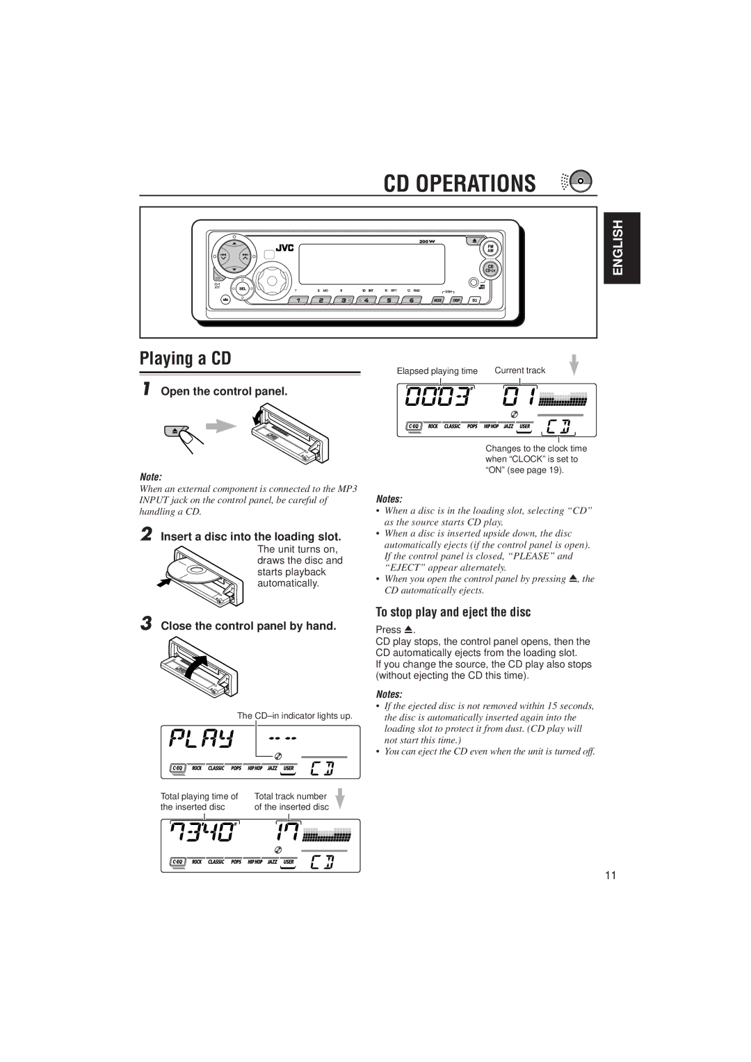 JVC KD-SX780, KD-SX8250 manual CD Operations, Playing a CD, To stop play and eject the disc 