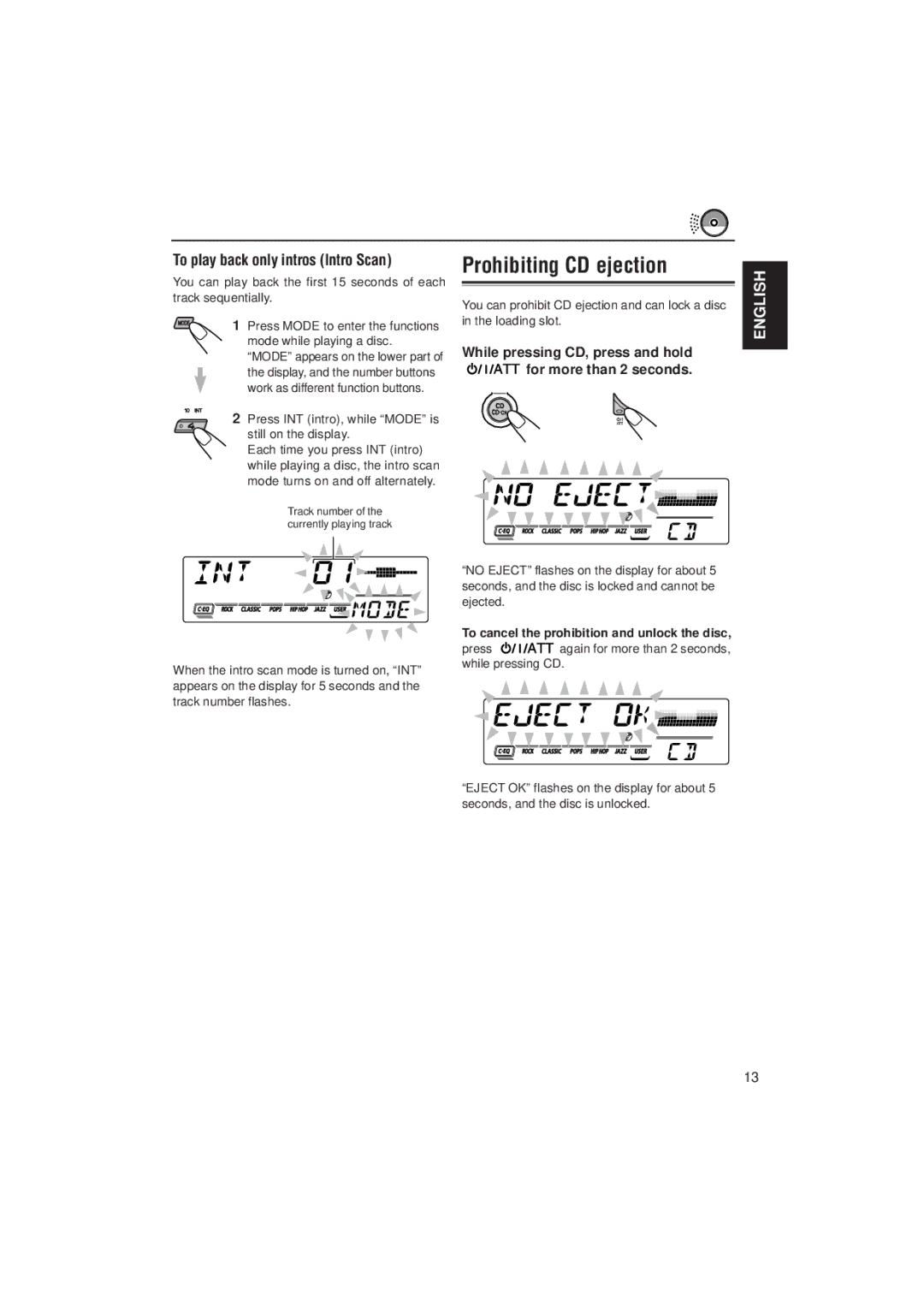 JVC KD-SX780 Prohibiting CD ejection, To play back only intros Intro Scan, To cancel the prohibition and unlock the disc 