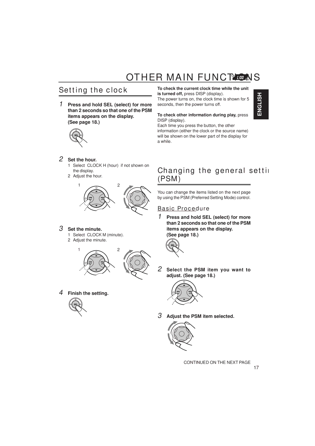 JVC KD-SX780, KD-SX8250 manual Other Main Functions, Setting the clock, Changing the general settings PSM, Basic Procedure 