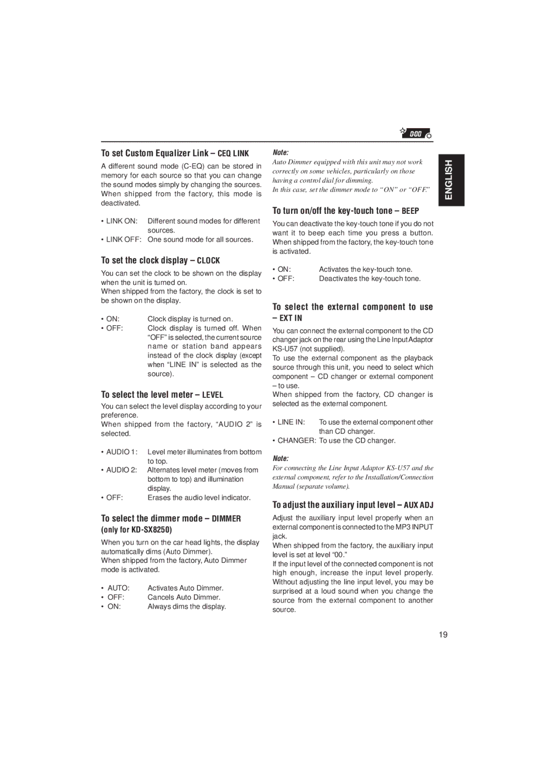 JVC KD-SX780 manual To set the clock display Clock, To select the level meter Level, To select the dimmer mode Dimmer, Ext 