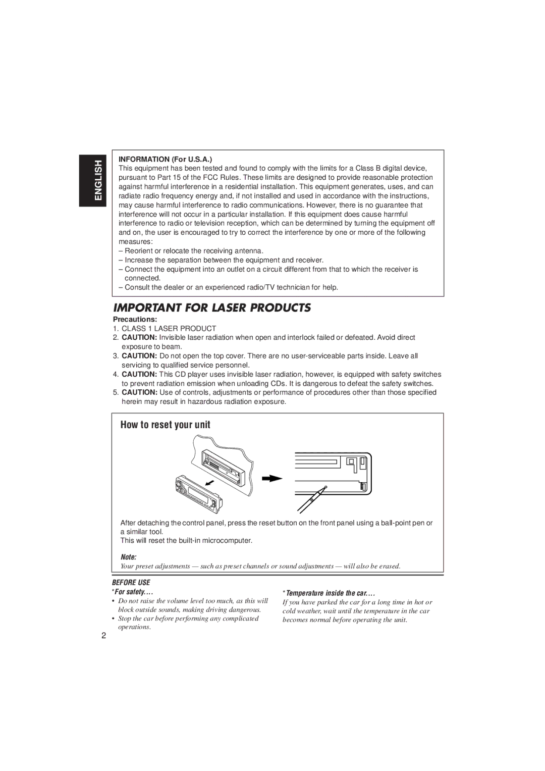 JVC KD-SX8250, KD-SX780 manual How to reset your unit, Information For U.S.A, Precautions 